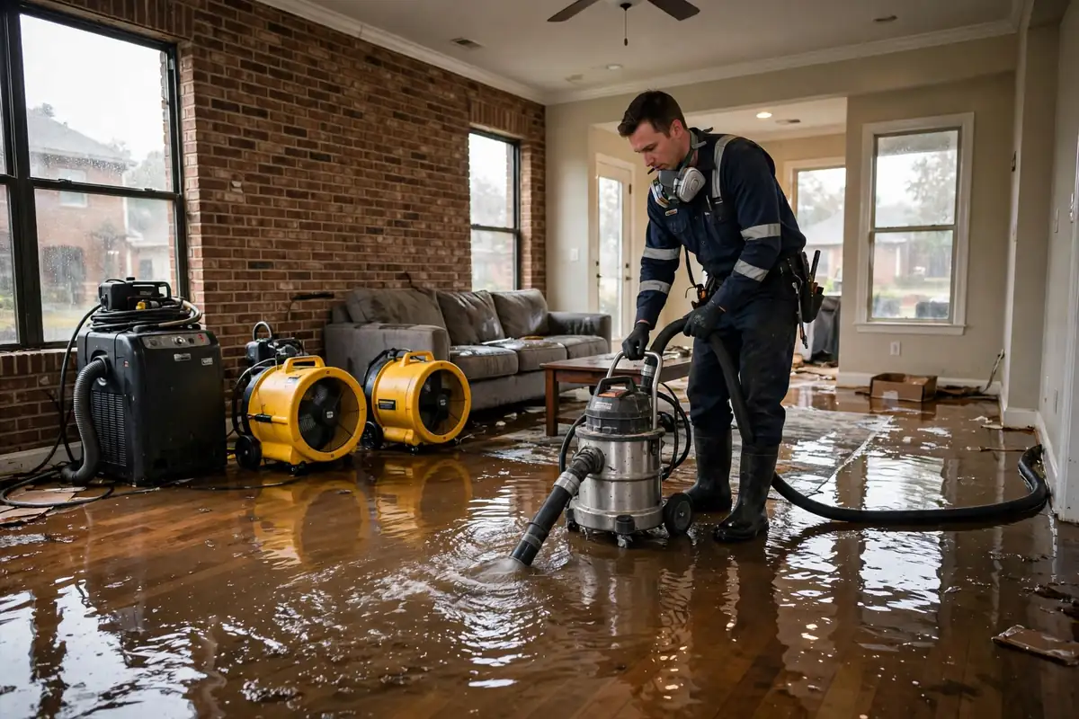Crew lead extracting water from a flooded living room in Dallas