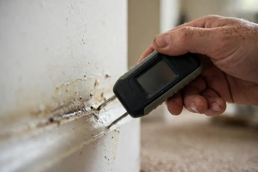 Technician checking wall moisture with a digital meter in a Dallas home
