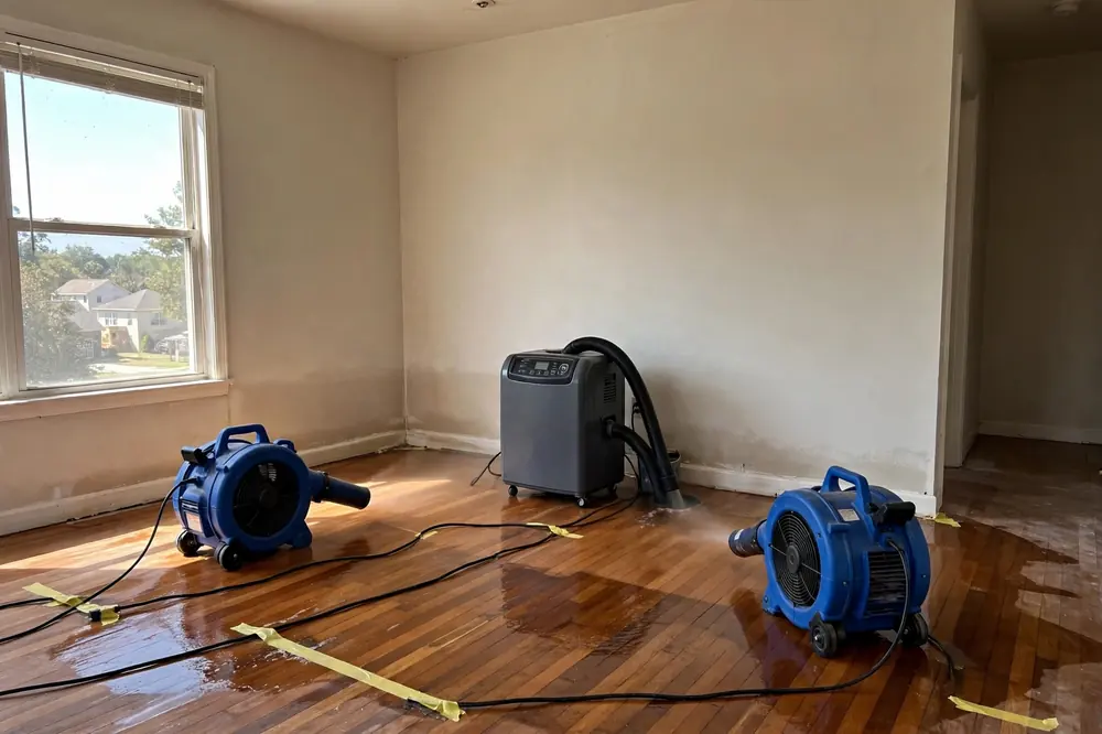 Commercial air movers and a dehumidifier drying a room in a Dallas home
