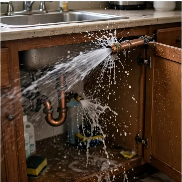 Water spraying from a burst copper pipe under a kitchen sink