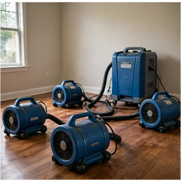 Blue air movers and a dehumidifier drying an empty room