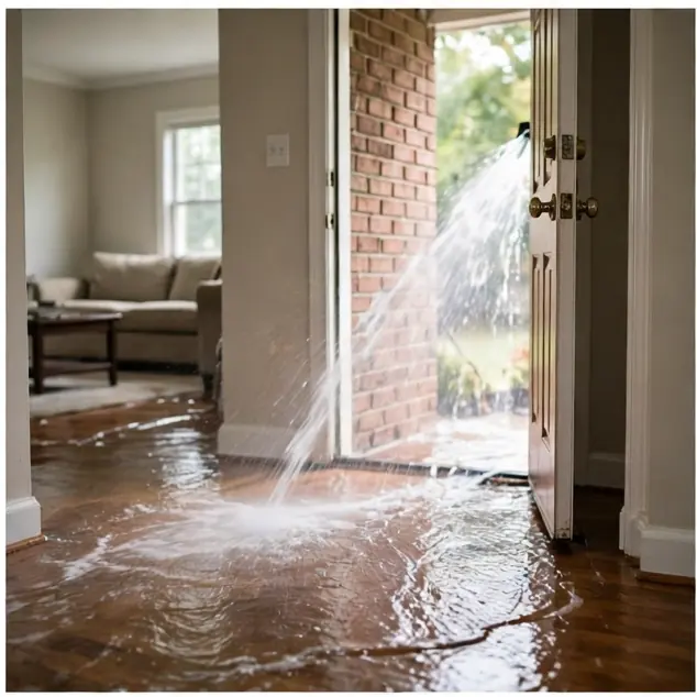Flood water pouring through the front door of a brick home