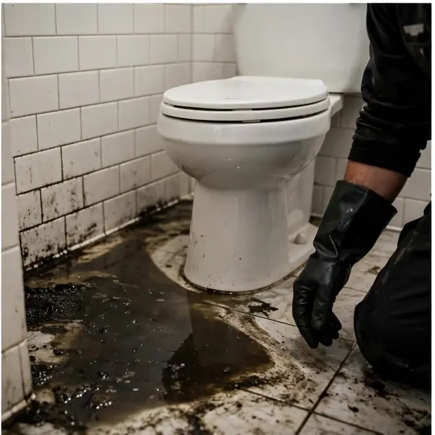 Technician in protective gloves cleaning dark water from a bathroom floor after a backup
